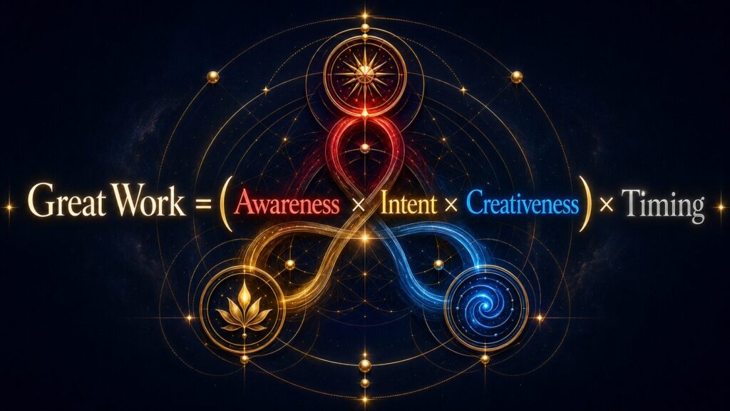 Great Work = Awareness x Intent x Creativeness x Timing 

The Great Work Matrix Equation 

The Great Work equation: Great Work equals Awareness times Intent times Creativeness, all multiplied by Timing.