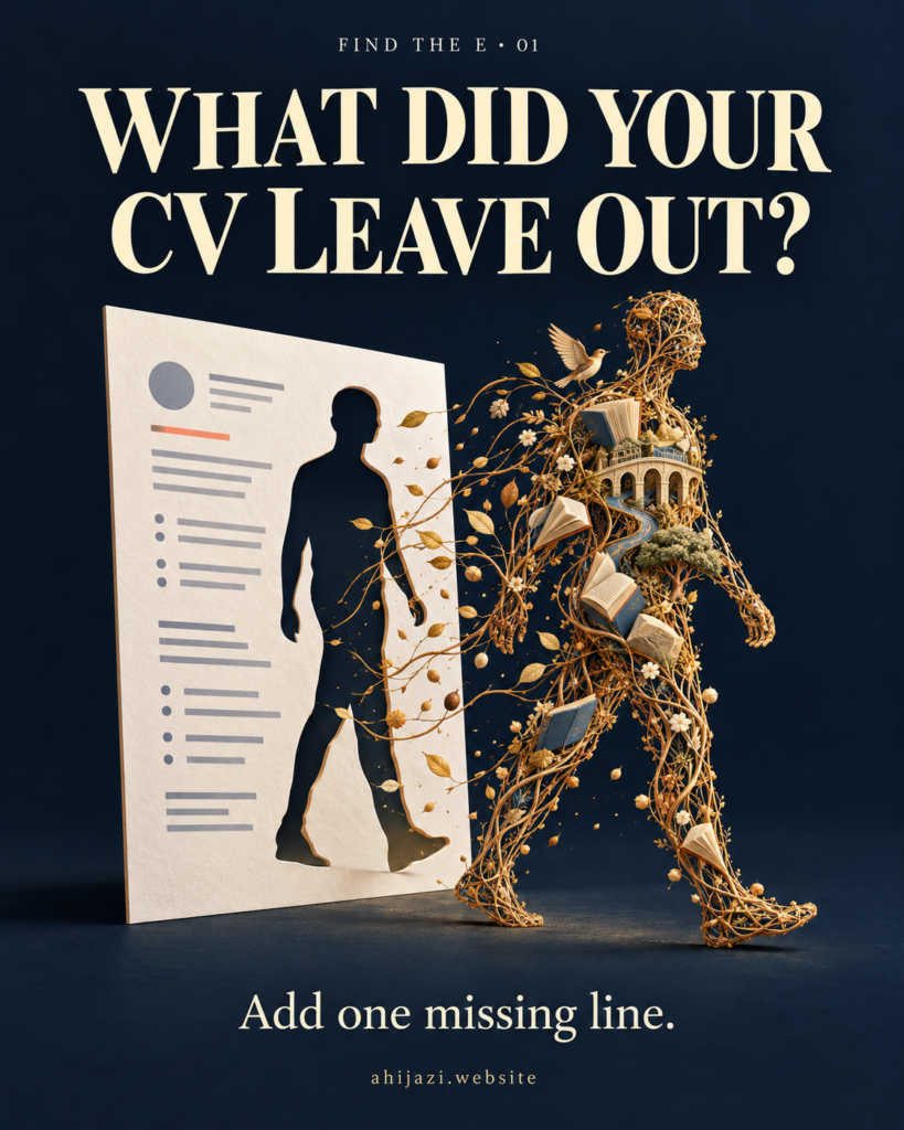 A figure made of branching golden threads, books, and fragments of a bridge steps out of a person-shaped cutout in a paper CV. The card asks, What did your CV leave out? Add one missing line.